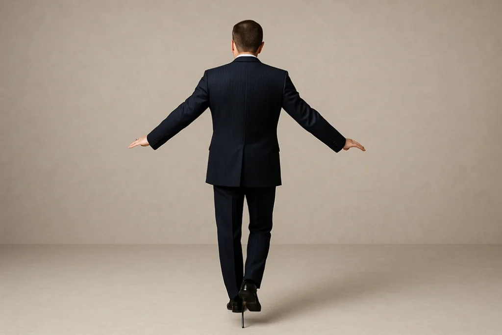 A man in a dark suit balances on one leg with arms outstretched, viewed from behind, against a plain beige background.