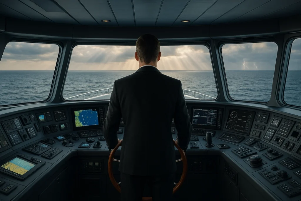 A person in a suit stands at the helm of a modern ship’s bridge, steering the vessel across a calm ocean under a cloudy sky with sunlight streaming through. Advanced navigation equipment surrounds the control area.