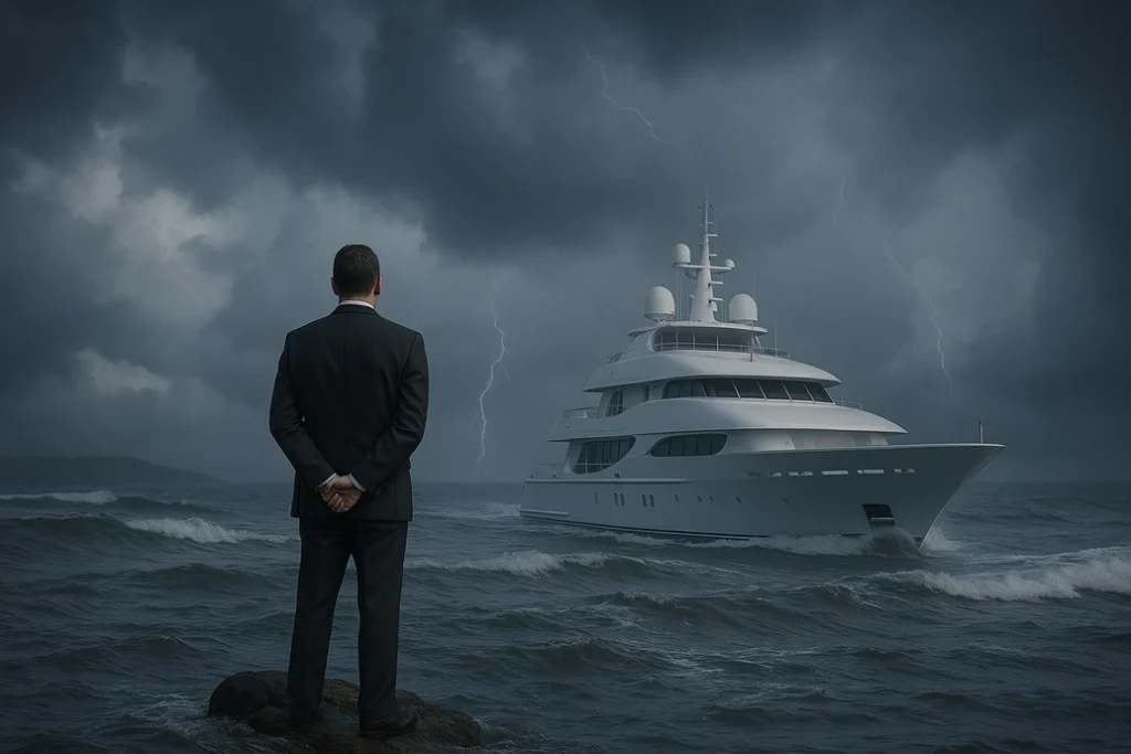 A man in a suit stands on rocks by the sea, facing a large white yacht in rough waters under dark, stormy clouds with lightning in the distance.
