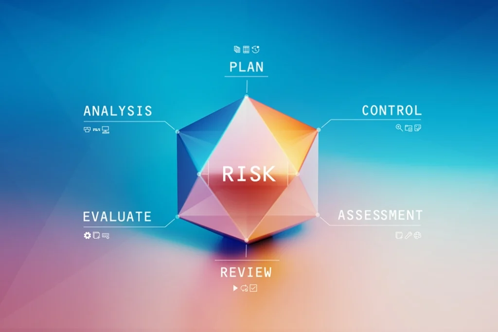 A colorful 3D geometric shape labeled RISK in the center, surrounded by the words: PLAN, CONTROL, ASSESSMENT, REVIEW, EVALUATE, and ANALYSIS, each connected to the shape by lines on a blue gradient background.