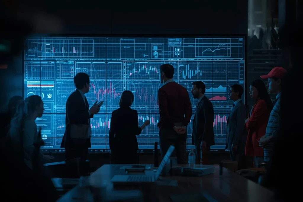 A group of people in business attire stand in a dark room, analyzing large digital screens displaying complex financial charts and data. Some individuals gesture toward the screen, suggesting a discussion or meeting.