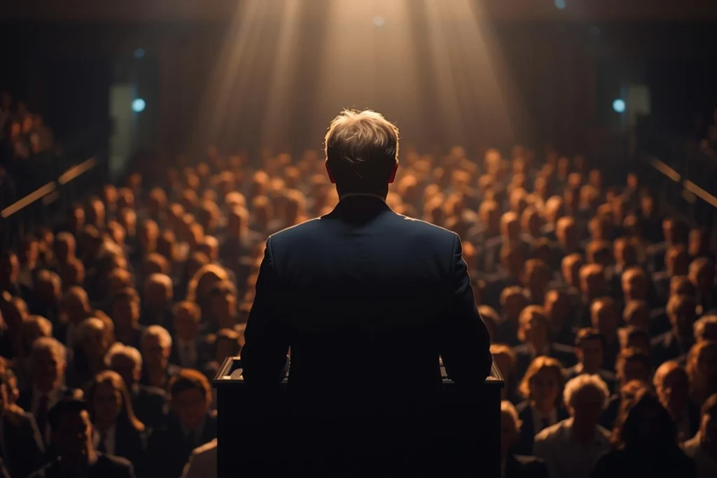 A man in a suit stands at a podium, seen from behind, addressing a large audience in a dimly lit auditorium with spotlights shining down from above.
