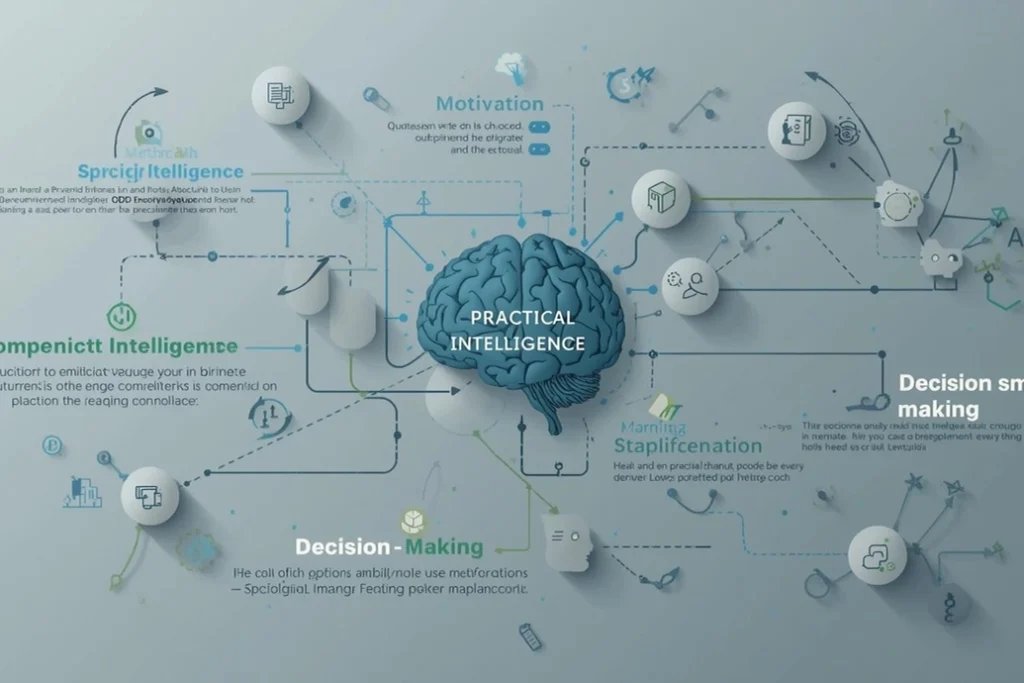 A blue brain labeled Practical Intelligence is at the center of a flowchart with icons, pathways, and words like Motivation, Decision-Making, and Competent Intelligence branching out around it.