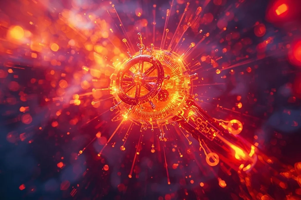 A glowing, futuristic key with intricate gears and cogs radiates bright orange and red light, surrounded by dynamic particles and sparks against a dark, blurred background.